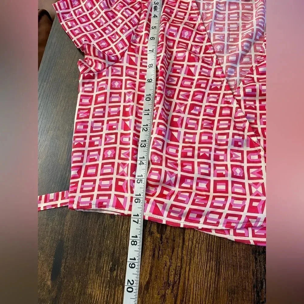 Lulus Red Multi Print Satin Short Sleeve Wrap Top - Picture 12 of 12